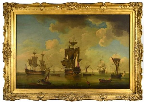 An English Man-of-war, A Fourth Rate Ship Of The Line (50-60 Guns), With A Frigate In Attendance, And Other Men-of-war In Harbour Oil Painting by Charles Brooking