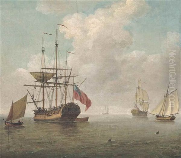 A Small Man-o'war At Anchor With Cutters Under Sail Oil Painting by Charles Brooking