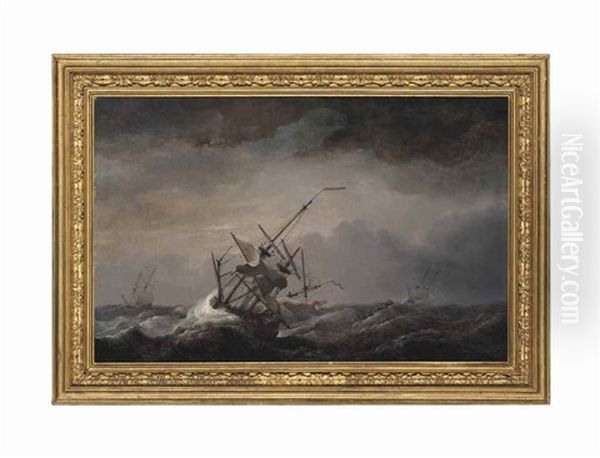 A Dismasted English Ship At Sea Driven Before A Gale, Her Headsails Aback, With Other Ships In A Heavy Sea Oil Painting by Charles Brooking