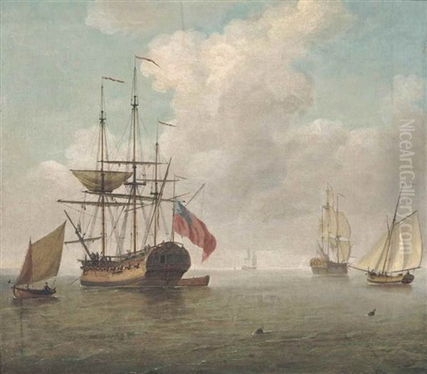 A Small Man O'war At Anchor With Cutters Under Sail Oil Painting by Charles Brooking