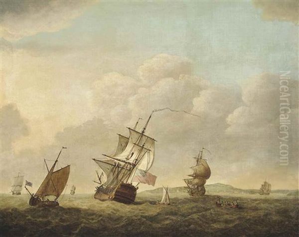 A Royal Navy Fourth Rate Heeling In The Breeze Off Plymouth Sound As She Heads Down The Channel With Other Warships And Coastal Craft Nearby Oil Painting by Charles Brooking