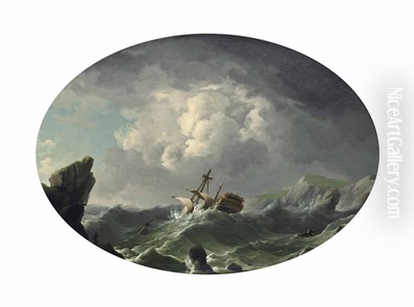 A Dismasted Ship Driving Ashore In A Gale Oil Painting by Charles Brooking