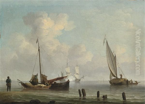 Dutch Fishing Kaags By A Shore, With A Man Of War Saluting Oil Painting by Charles Brooking