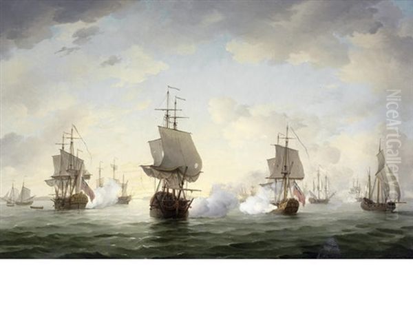 The Celebrated English Privateer Squadron Known As The Royal Family Engaging Enemy Ships During The War Of The Austrian Succession Oil Painting by Charles Brooking