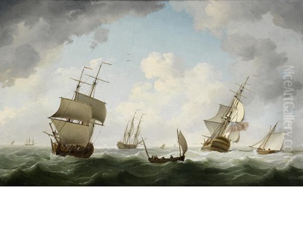 A Merchant Snow, Two Of The King's Ships-of-war, A Lugger And A Cutter All In Close Proximity In The Channel Oil Painting by Charles Brooking