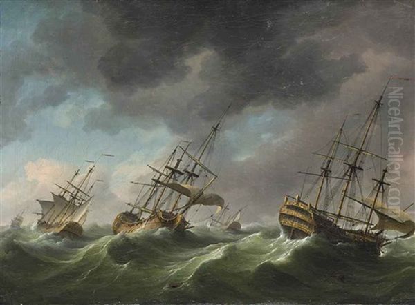 Men-o-war Reefed-down And Riding Out A Gale Oil Painting by Charles Brooking