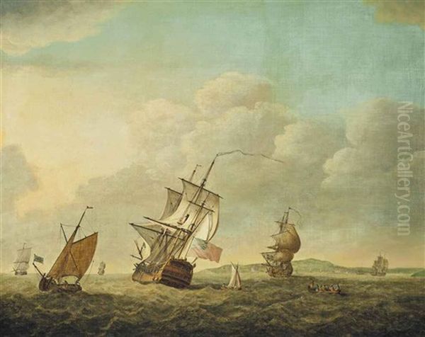 A Royal Navy Fourth Rate Heeling In The Breeze In The Channel, Running Past The Entrance To Plymouth Sound, With Other Warships And Local Craft Nearby Oil Painting by Charles Brooking