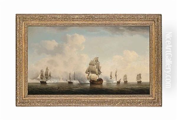 The English Privateer Squadron, Known As The 'royal Family', Capturing A French Ship Oil Painting by Charles Brooking