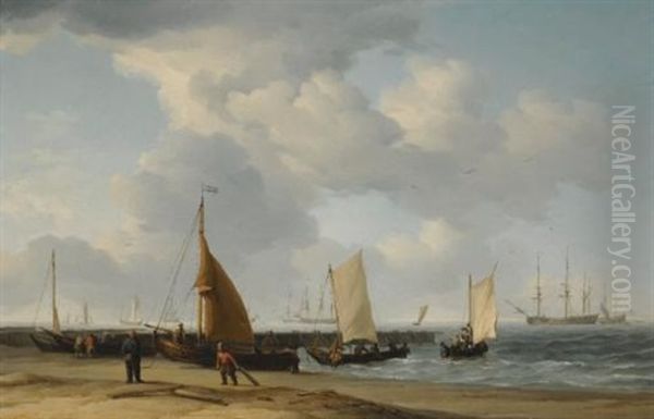 A Dutch Fishing Pinck Hauled Up On The Beach, With Men Of War At Anchor In The Distance Oil Painting by Charles Brooking