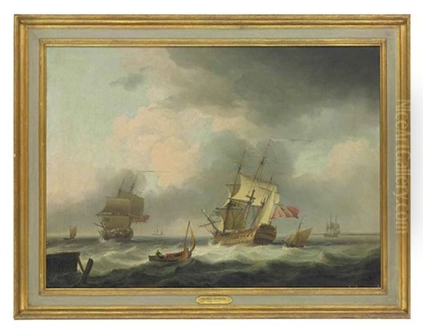 A 74 And A Frigate In A Stiff Breeze In The Channel, With Coastal Craft And Other Shipping Beyond Oil Painting by Charles Brooking