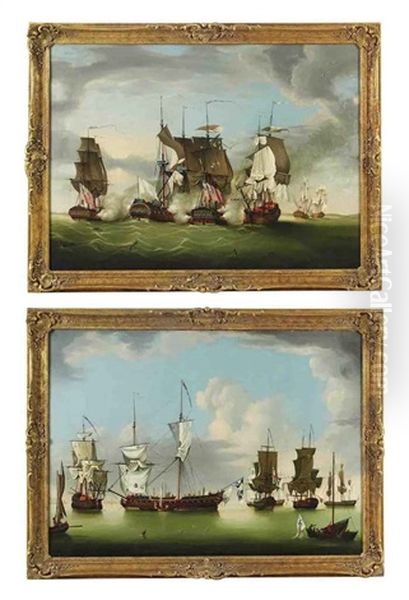 A Naval Engagement Off The Isle Of Man (+ The Fleet Off The Isle Of Man; Pair) Oil Painting by Charles Brooking