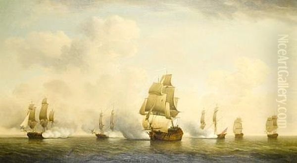 The Capture Of A French Ship By The English Privateer Squadron Known As The Royal Family Oil Painting by Charles Brooking