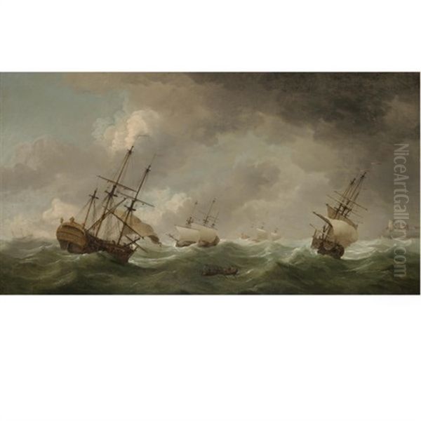 Frigates Shortening Sail Offshore Oil Painting by Charles Brooking