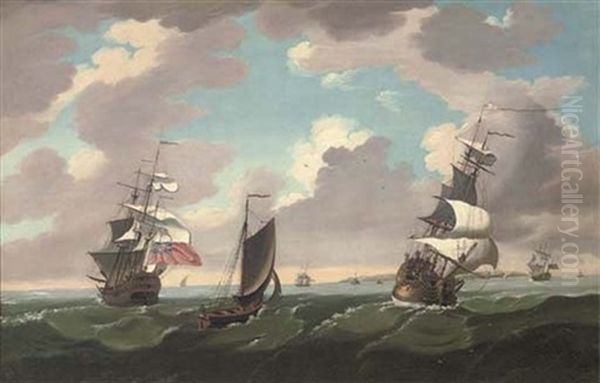 Ships Of The Fleet And Smaller Craft Off An Island Oil Painting by Charles Brooking