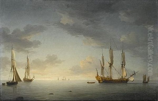 Sunset. The "royal Caroline" In A Light Air With Another Yacht And A Cutter Oil Painting by Charles Brooking