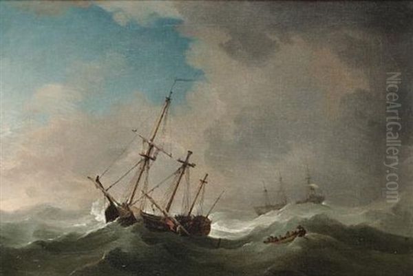 A Flagship In A Gale Shortening Sail Oil Painting by Charles Brooking