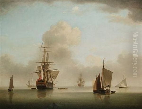 A Flat Calm At The Fleet Anchorage As The Flagship Prepares To Leave Oil Painting by Charles Brooking