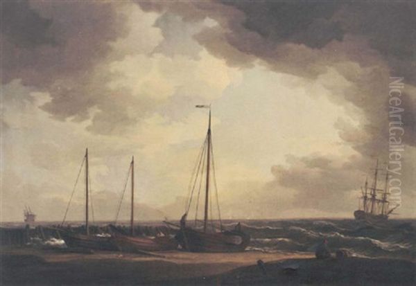 Fishing Boats On The Beach, Pulled Clear Of The Heavy Swell, With A Man-o'war Riding At Anchor Nearby Oil Painting by Charles Brooking