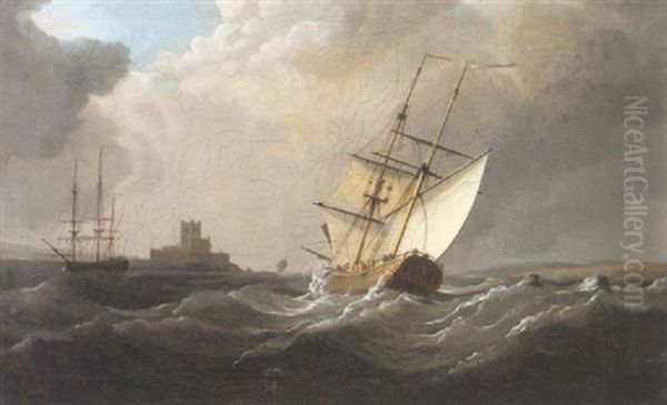 A Brigantine In A Fresh Breeze Off A Fort Oil Painting by Charles Brooking