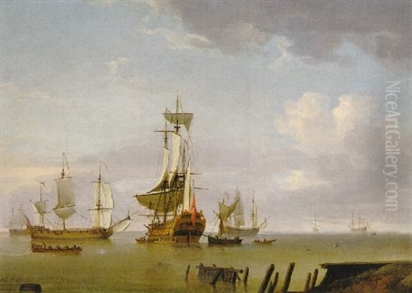 A Man-of-war Becalmed With Other Shipping Off The Coast Oil Painting by Charles Brooking