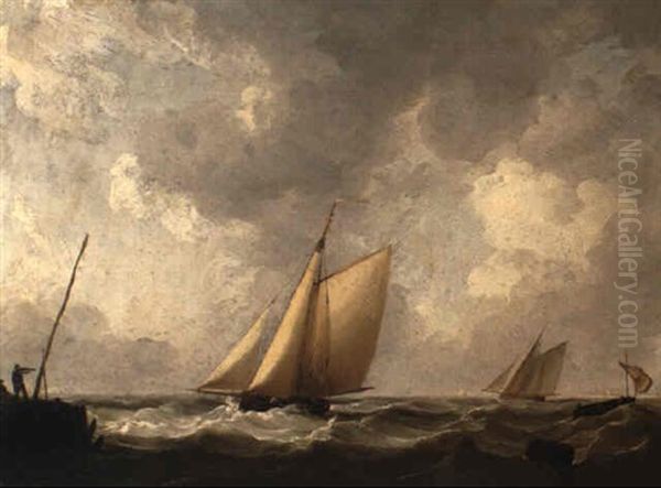 Shipping In Choppy Seas Off The Coast Oil Painting by Charles Brooking