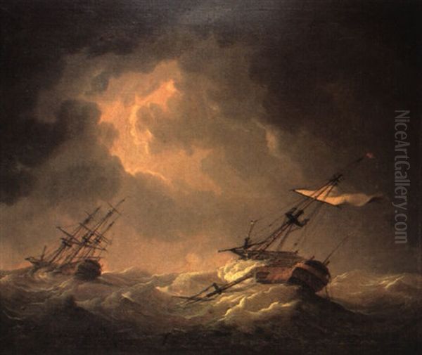 Two Decker In Distress, Both Awash And One Dismantled Oil Painting by Charles Brooking