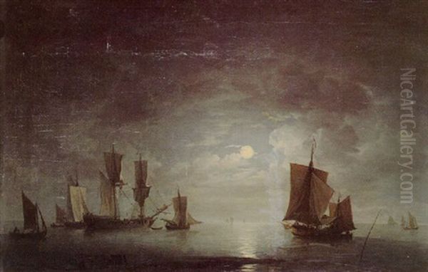 An English Frigate And Coastal Craft Becalmed By Moonlight Oil Painting by Charles Brooking