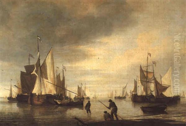 Dutch Barges In A Calm Oil Painting by Charles Brooking