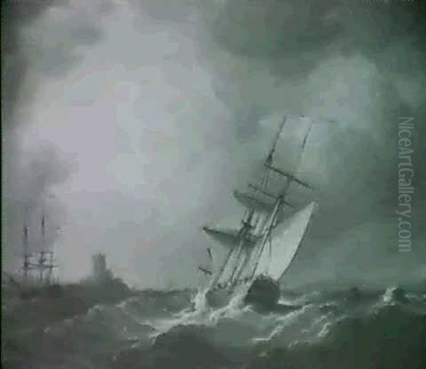 A Cutter Heeling Over In A Squall,                          Another Sailing Vassel And A Castle Beyond Oil Painting by Charles Brooking