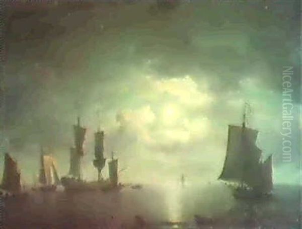 An English Merchant-brig And Coastall Craft Becalmed By     Moonlight Oil Painting by Charles Brooking