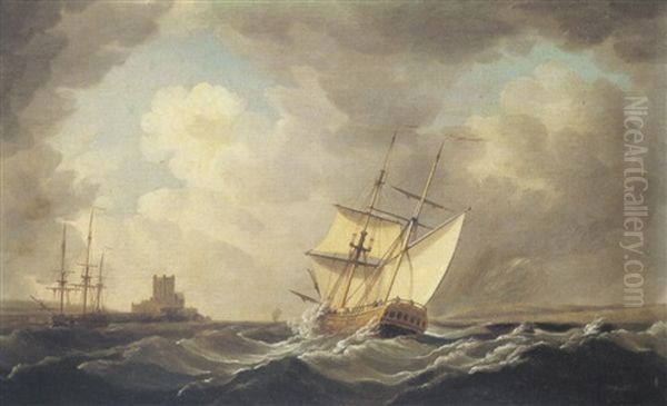 A British Man Of War In Rough Seas Off The Coast Oil Painting by Charles Brooking