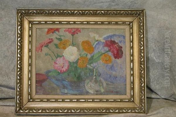 Zinnias And Marigolds Oil Painting by Cora Smalley Brooks