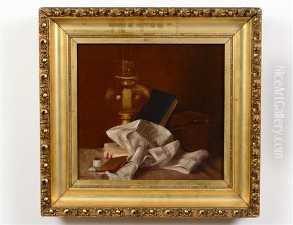 Still Life With Oil Lamp, Book And Linen Oil Painting by Nicholas Alden Brooks