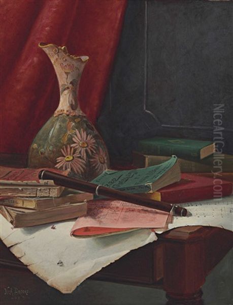 Still Life With Books And Vase Oil Painting by Nicholas Alden Brooks