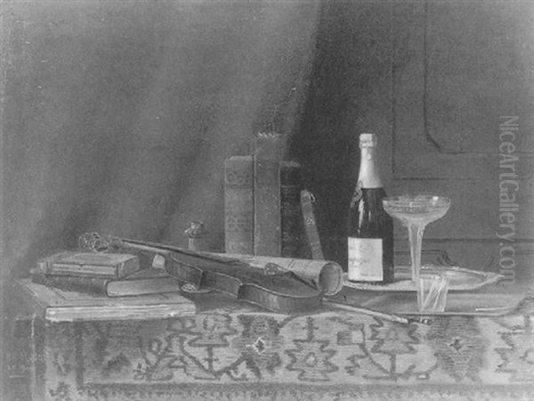 Still Life With Champagne, Books And Violin Oil Painting by Nicholas Alden Brooks