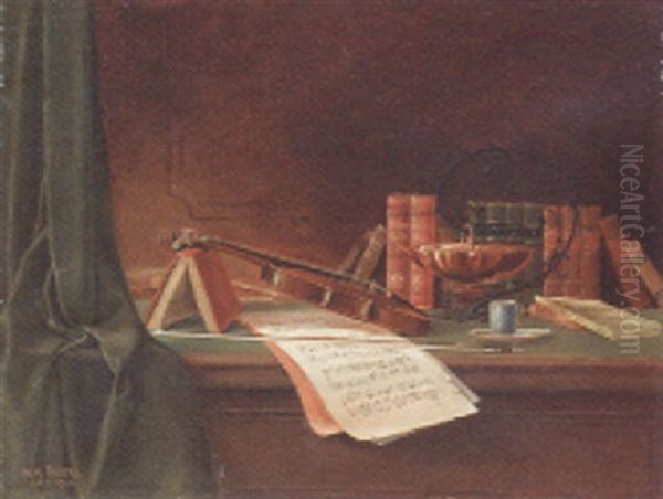 Still Life With Books, Violin And Sheet Music Oil Painting by Nicholas Alden Brooks