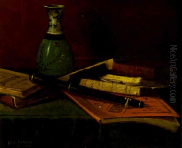 Still Life With Fife, Books And Vase Oil Painting by Nicholas Alden Brooks