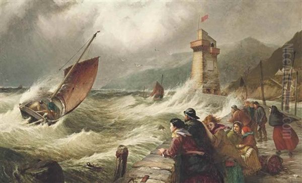 Fishing Boats Battling Their Way Into Lynmouth, In Heavy Seas On A Full Tide, With Anxious Townsfolk Watching From The Jetty by Thomas Brooks