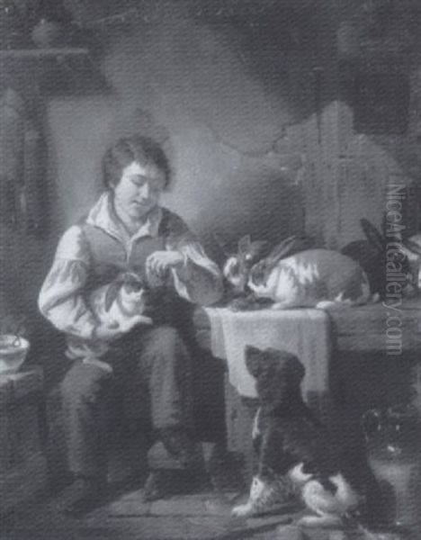 Interior With Boy And Animals Oil Painting by Thomas Brooks