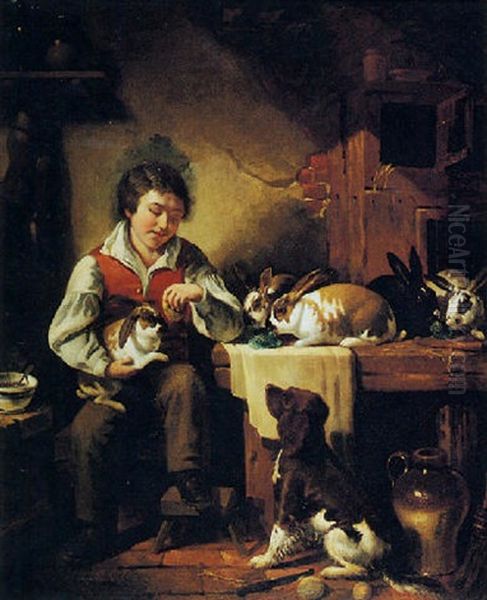 A Young Boy With His Pet Rabbits And Dog Oil Painting by Thomas Brooks