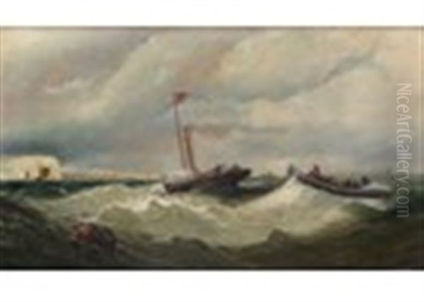 A Lifeboat Under Tow In Heavy Seas Off The East Coast Oil Painting by William (of Ramsgate) Broome