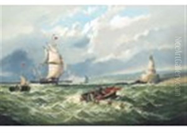 Ships By A Lighthouse With A Boat Recovering A Broken Mast Oil Painting by William (of Ramsgate) Broome