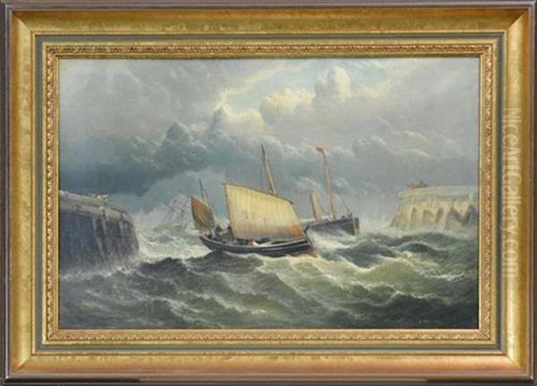 Ships On A Stormy Sea Oil Painting by William (of Ramsgate) Broome