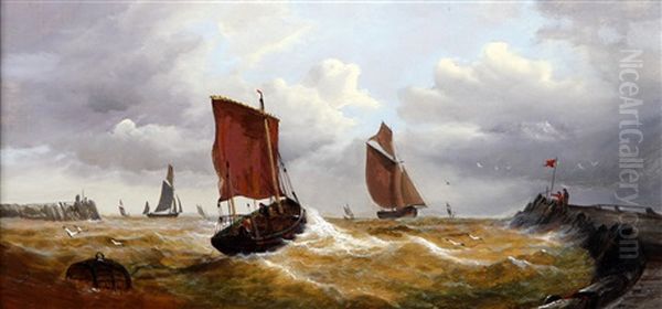 Fishing Boats Off The Coast (pair) Oil Painting by William (of Ramsgate) Broome