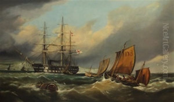 Man-o-war Off Dover Oil Painting by William (of Ramsgate) Broome