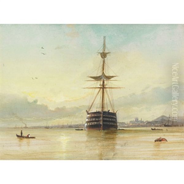 Sunset, Shipping In Woolwich Reach Oil Painting by William (of Ramsgate) Broome