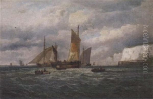 Fishing Smacks Preparing For Sea Oil Painting by William (of Ramsgate) Broome