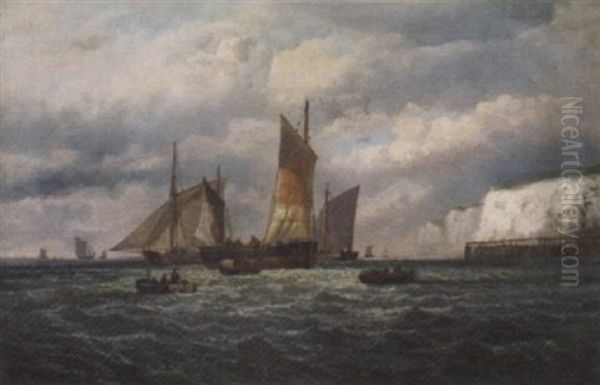 Fishing Smacks Preparing For Sea Oil Painting by William (of Ramsgate) Broome