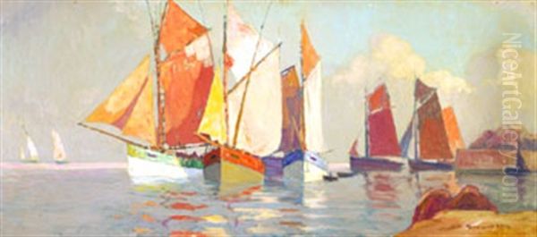 Thoniers Sous Voiles Oil Painting by Leon Esperance Broquet