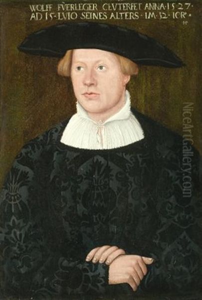 Portrait Of Wolff Fuerleger, Aged 32, Three-quarter Length, Wearing An Embroidered Black Coat Oil Painting by Hans Brosamer